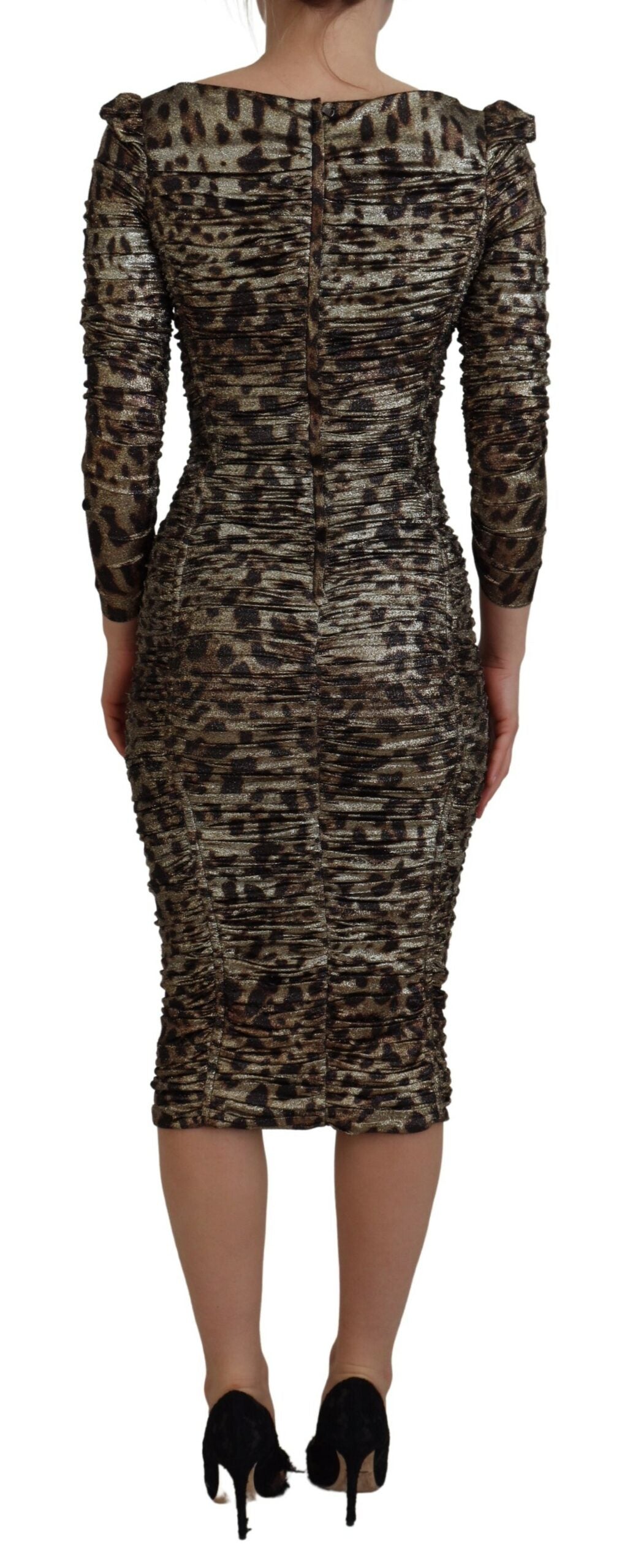 Multicolor leopard print Dolce & Gabbana bodycon sheath midi dress shown on a model.