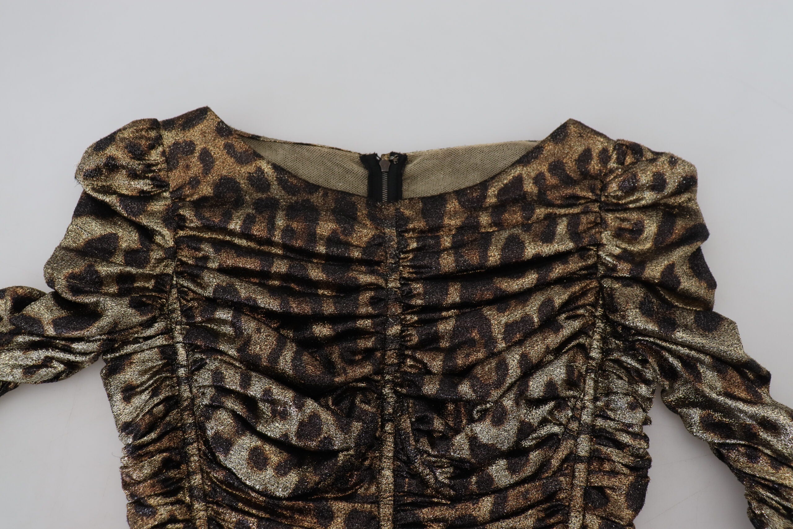 Multicolor leopard print Dolce & Gabbana bodycon sheath midi dress displayed on a model.