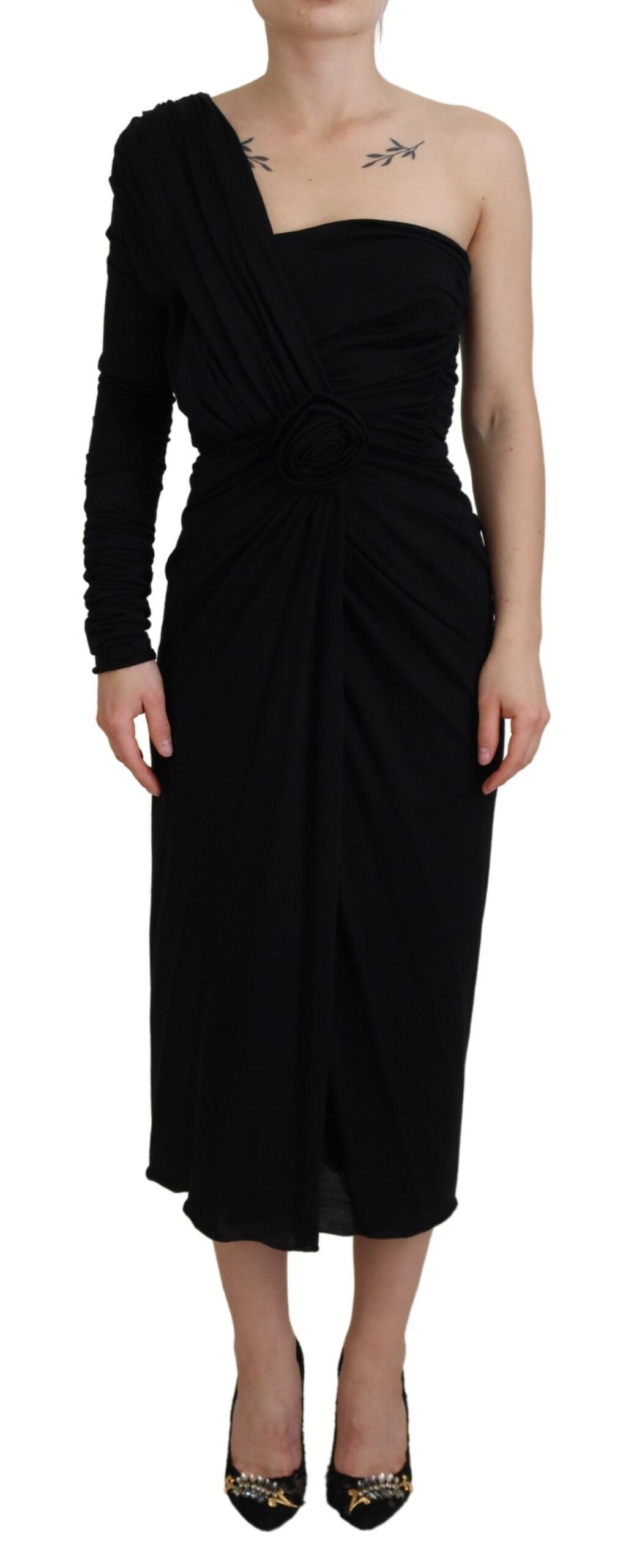 Black wrap sheath wool dress with one-shoulder design by Dolce & Gabbana, elegantly displayed in this image.
