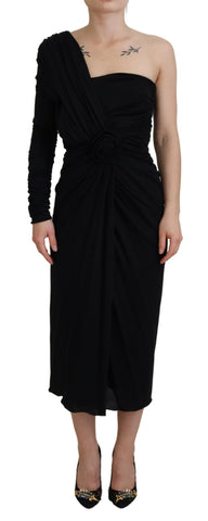 Black wrap sheath wool dress with one-shoulder design by Dolce & Gabbana, elegantly displayed in this image.