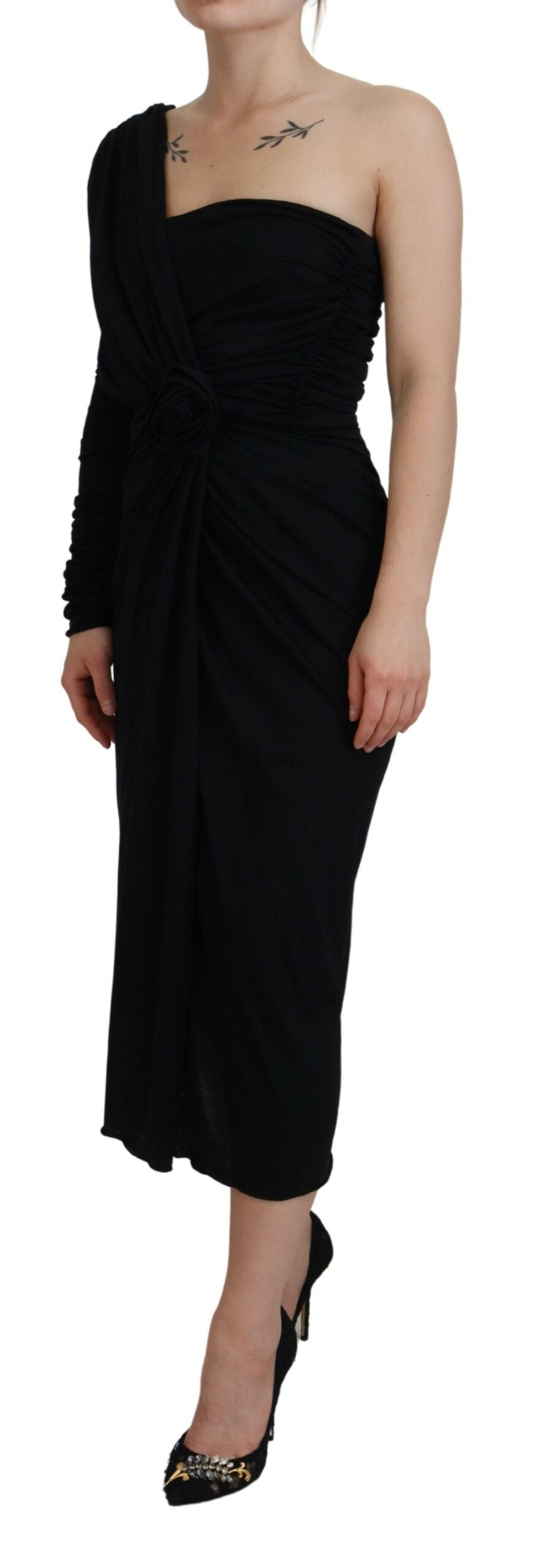 Black wrap sheath wool dress with one shoulder design by Dolce & Gabbana, featuring a sleek, tailored silhouette.