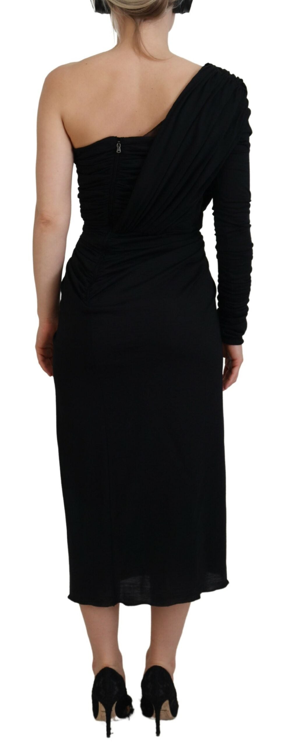 Black wrap sheath wool dress with one shoulder design by Dolce & Gabbana, featuring a sleek, fitted silhouette.
