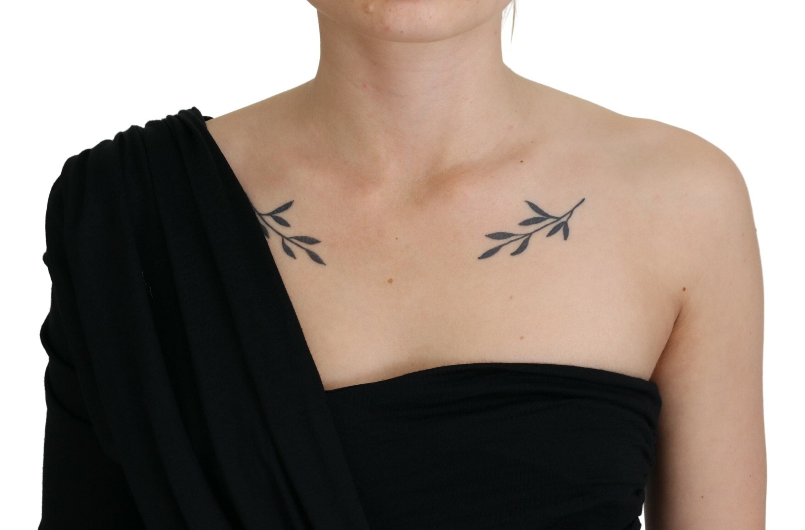 Black wrap sheath wool dress with one shoulder design by Dolce & Gabbana, featuring a sleek and elegant fit.