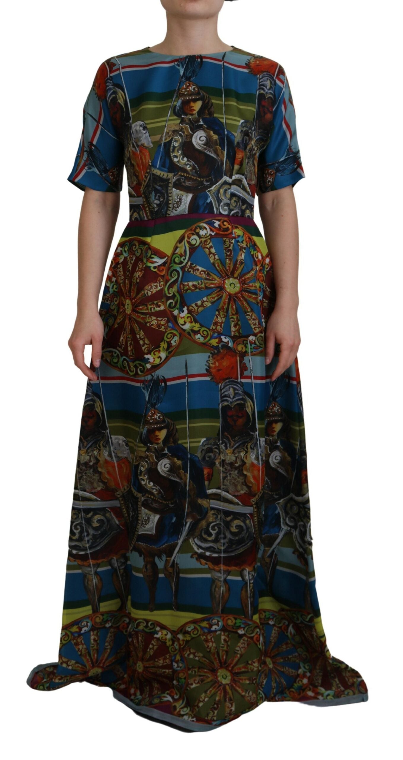 Multicolor Sicily silk A-line long gown dress by Dolce & Gabbana featuring vibrant patterns and elegant flowy fabric.