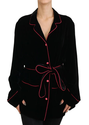 Black buttoned belted blazer viscose jacket by Dolce & Gabbana, featuring a tailored fit and classic lapel design.