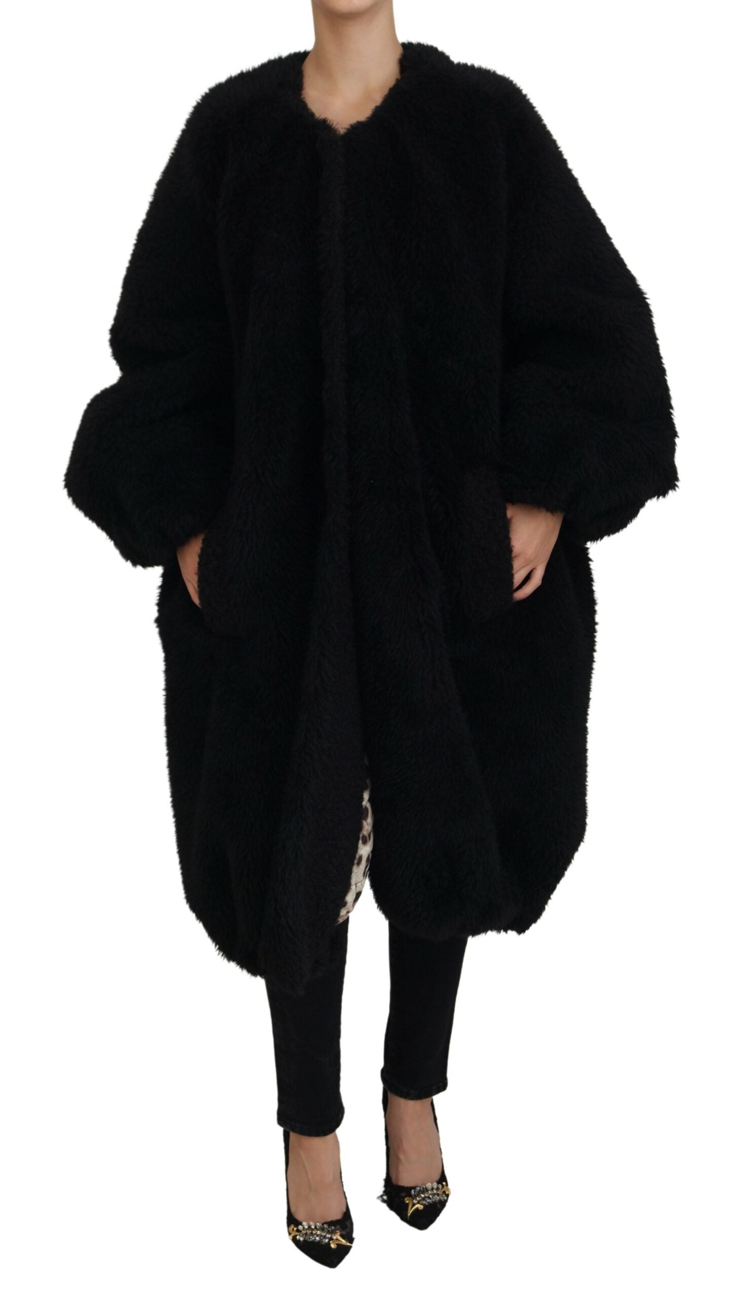 Black cashmere blend faux fur coat jacket from Dolce & Gabbana, shown on a hanger with plush texture and stylish design.