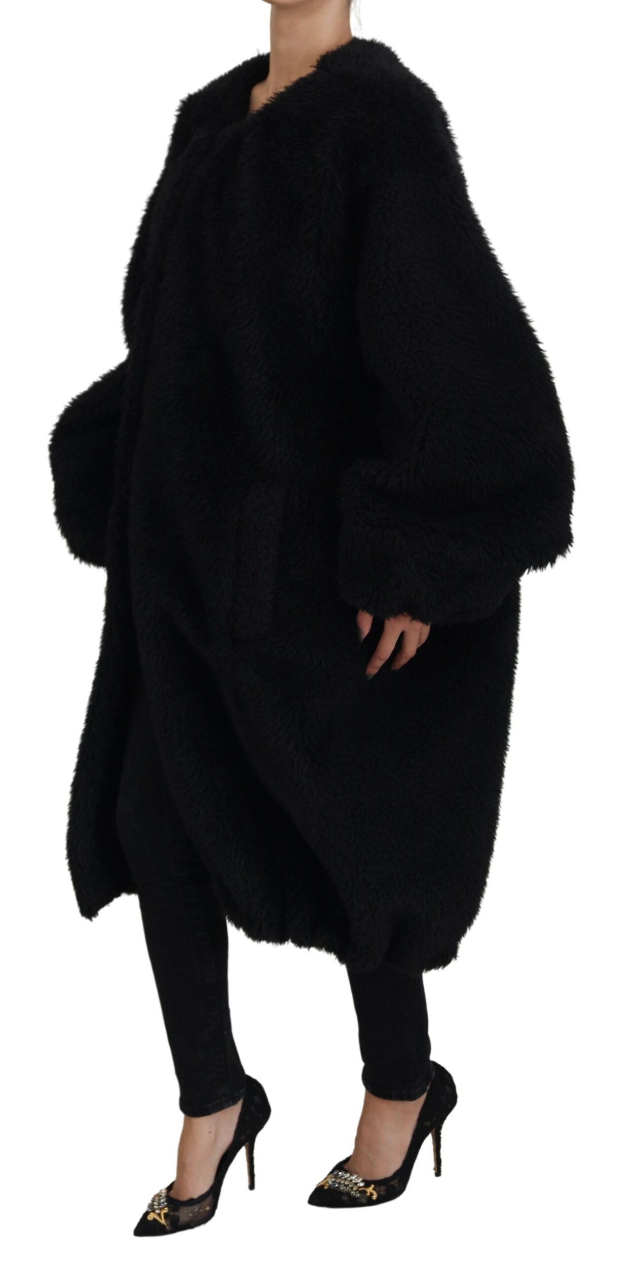 Black Dolce & Gabbana cashmere blend faux fur coat jacket with plush texture and classic design, shown hanging on a clothing rack.