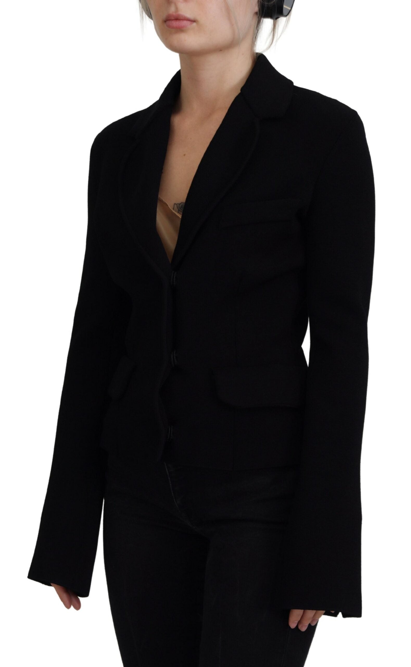 Black Dolce & Gabbana button cardigan blazer with viscose fabric, featuring classic design and tailored fit.