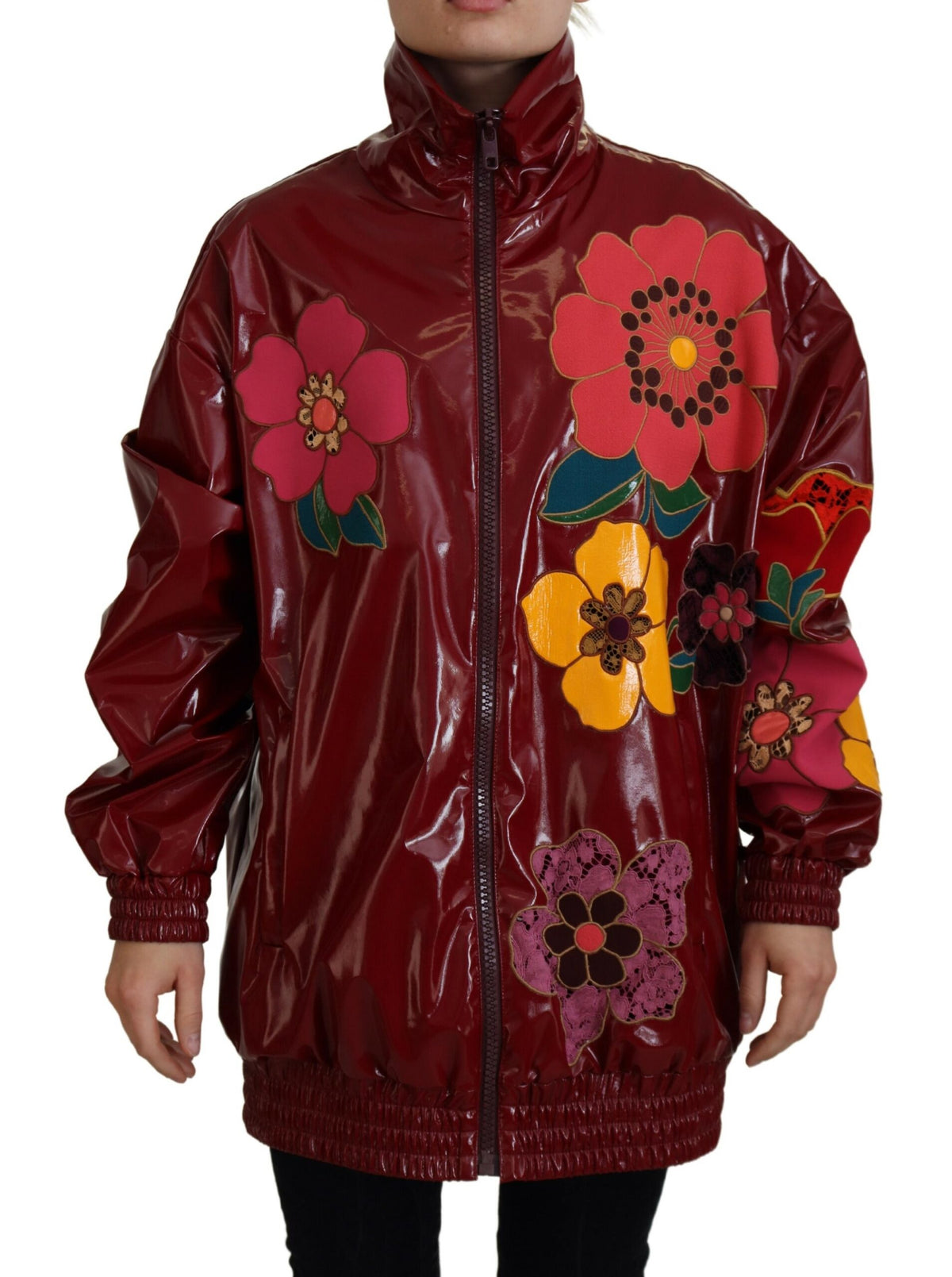 Maroon floral full-zip women's polyester jacket by Dolce & Gabbana, featuring a stylish floral pattern and comfortable fit.