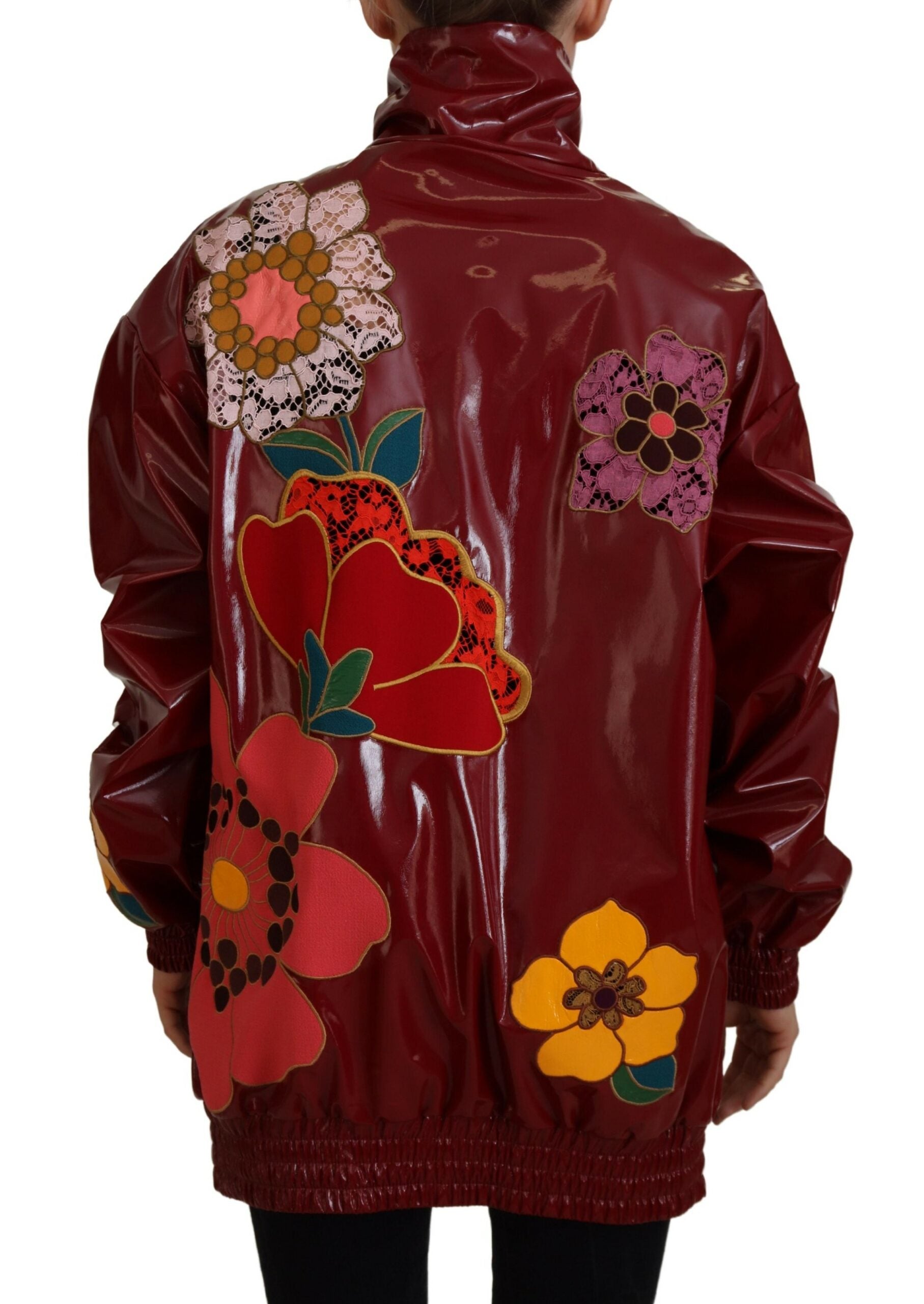 Maroon floral full-zip polyester women's jacket by Dolce & Gabbana, featuring a stylish floral pattern and lightweight fabric.
