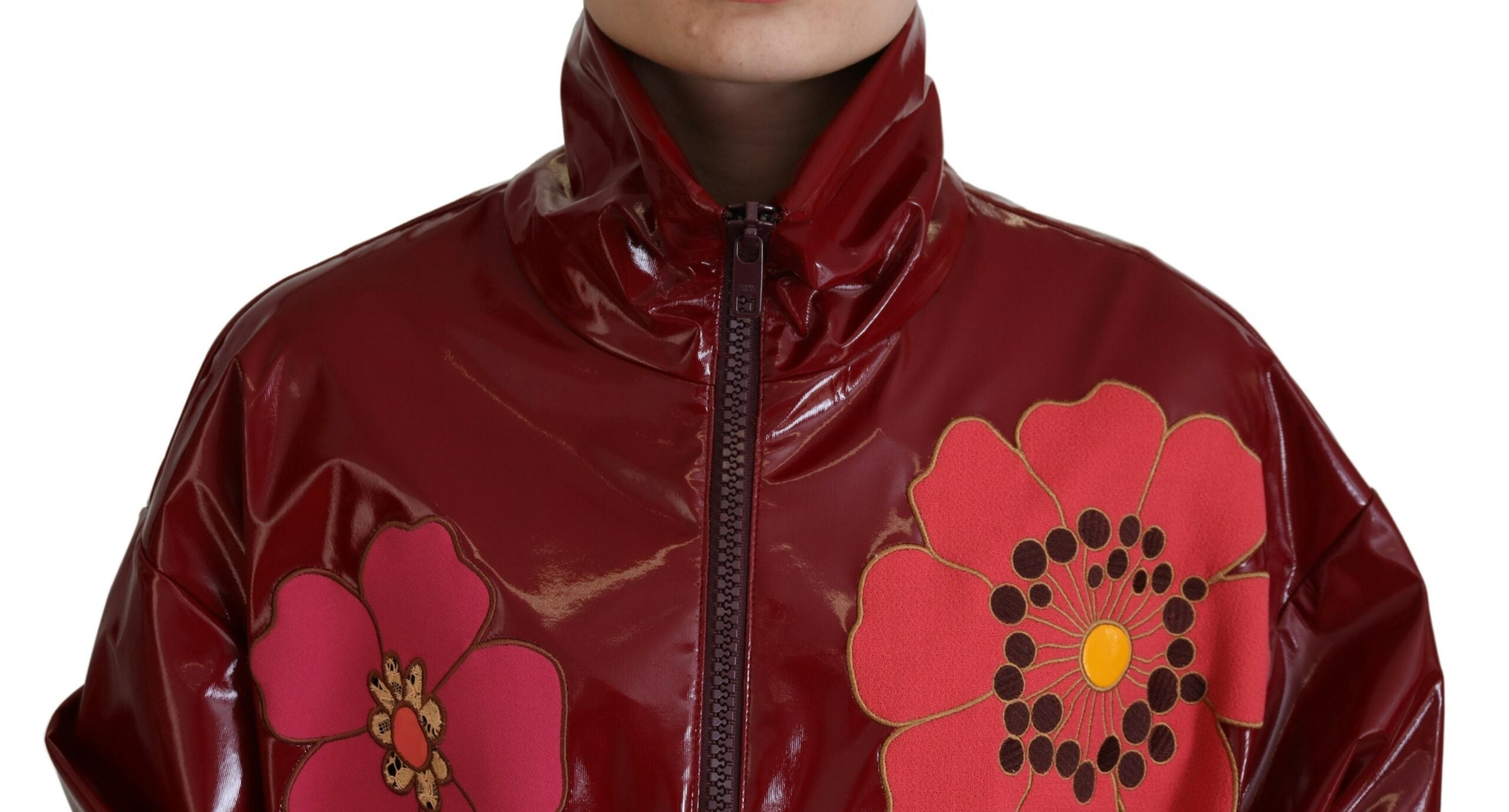 Maroon floral full-zip polyester women's jacket by Dolce & Gabbana with a stylish floral pattern and full front zipper.