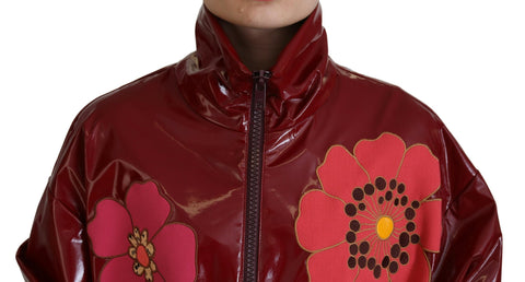 Maroon floral full-zip polyester women's jacket by Dolce & Gabbana with a stylish floral pattern and full front zipper.