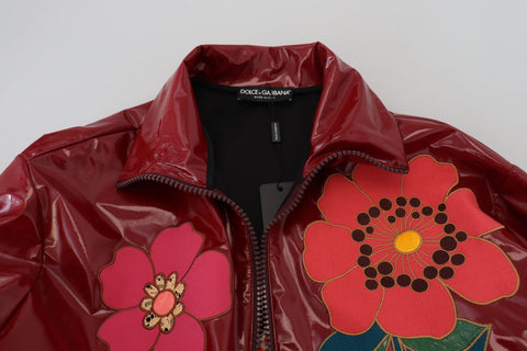 Maroon floral full-zip polyester women's jacket by Dolce & Gabbana, showcasing a stylish floral pattern and zip-up design.