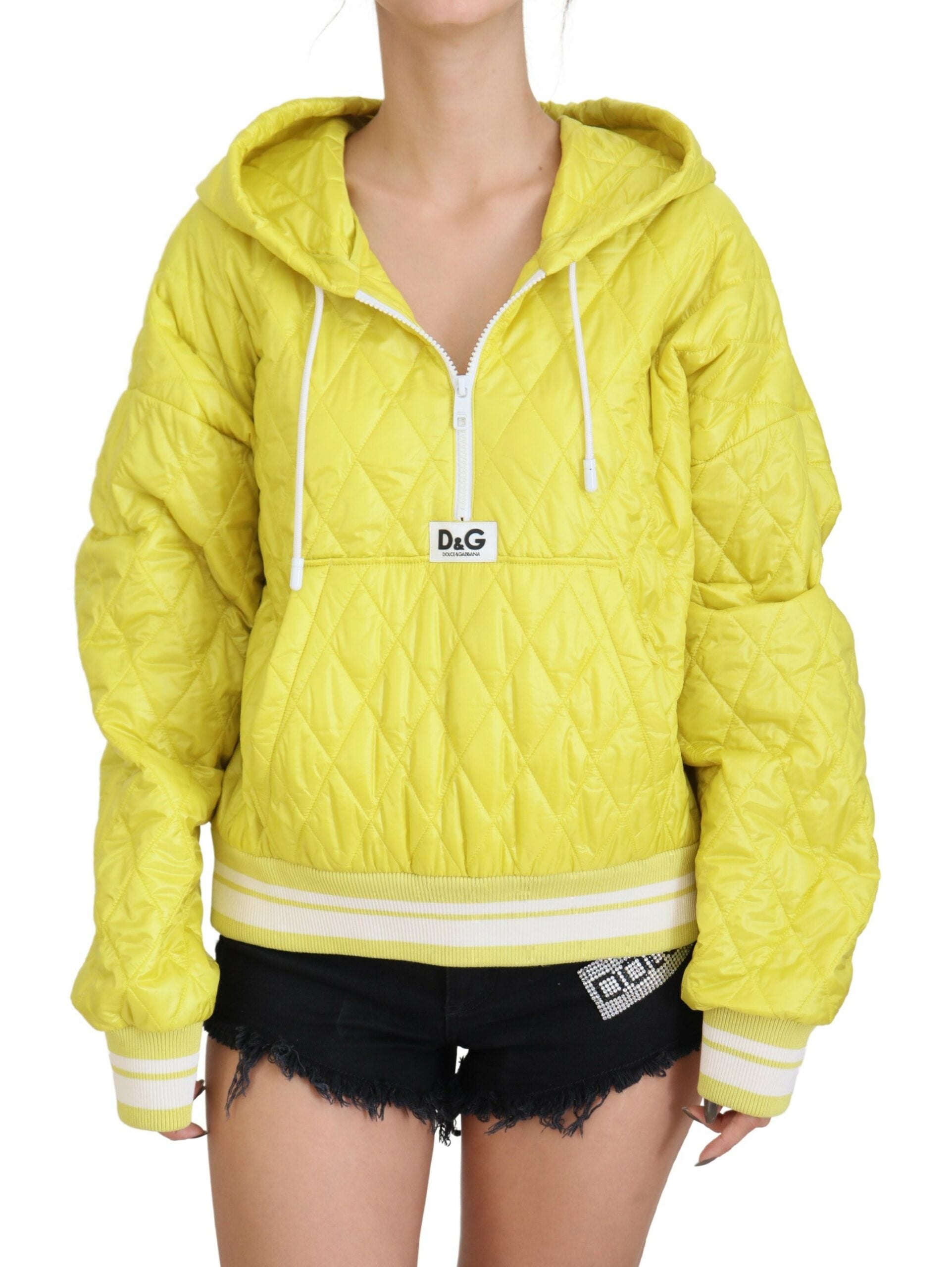 Yellow nylon quilted hooded pullover jacket by Dolce & Gabbana with a quilted design and hood, casual and stylish outerwear.