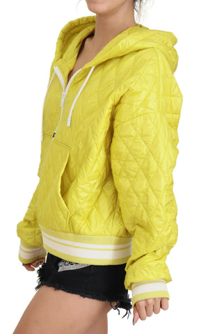 Yellow nylon quilted hooded pullover jacket by Dolce & Gabbana with a front zipper and quilted design.