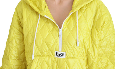 Yellow nylon quilted hooded pullover jacket by Dolce & Gabbana, featuring a quilted design and hood, displayed on a hanger.