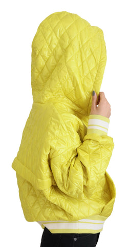 Yellow nylon quilted hooded pullover jacket by Dolce & Gabbana with a quilted design and adjustable hood.