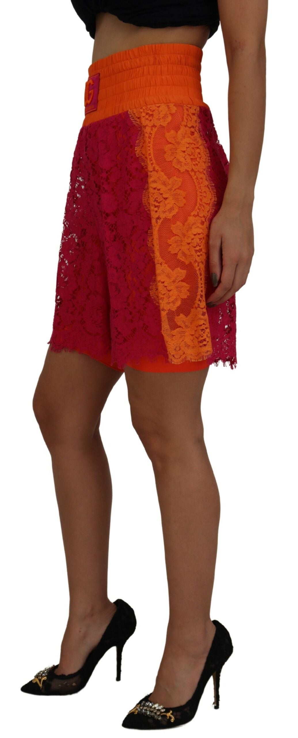 Pink orange lace cotton high waist shorts by Dolce & Gabbana, featuring delicate lace details and a stylish high-rise fit.
