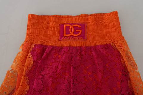 Pink orange lace cotton high-waist shorts by Dolce & Gabbana, featuring delicate lace details and a stylish high-rise fit.