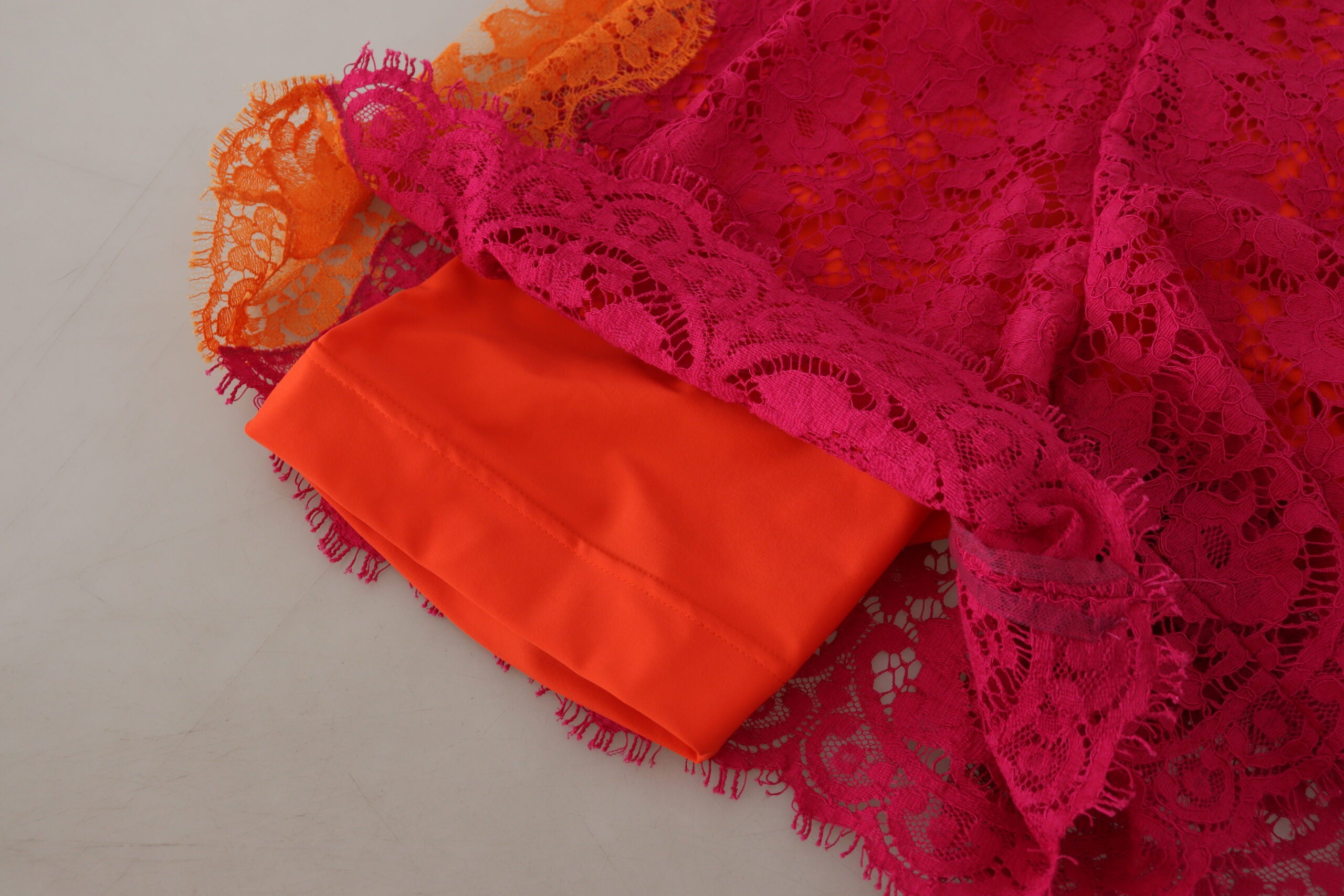 Pink orange lace cotton high waist shorts by Dolce & Gabbana, featuring intricate lace details and a stylish high-rise fit.