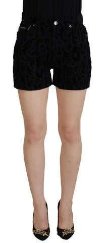 Black denim cotton stretch hot pants shorts by Dolce & Gabbana, featuring a fitted design and stylish casual wear.