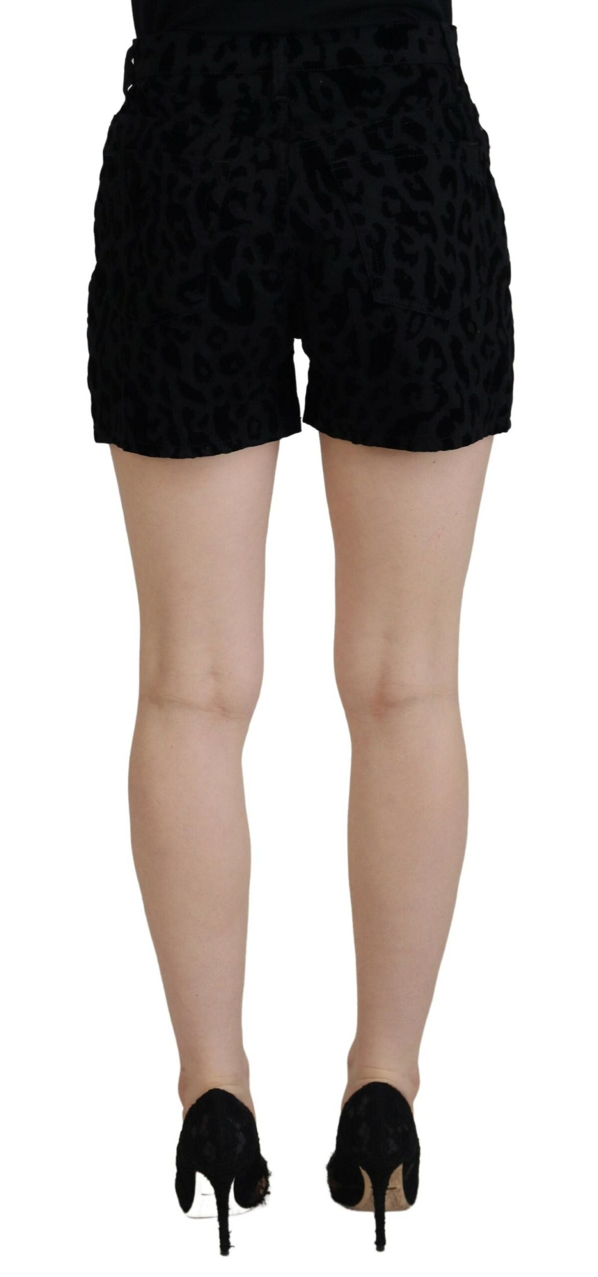 Black denim cotton stretch hot pants shorts by Dolce & Gabbana, showcasing a fitted style with belt loops and front pockets.