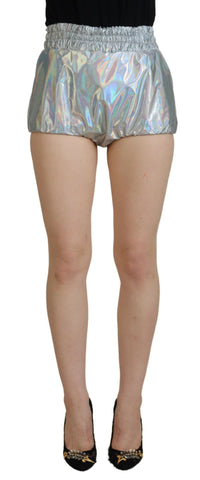 Silver holographic high waist hot pants shorts by Dolce & Gabbana, shown with reflective metallic fabric and stylish cut.