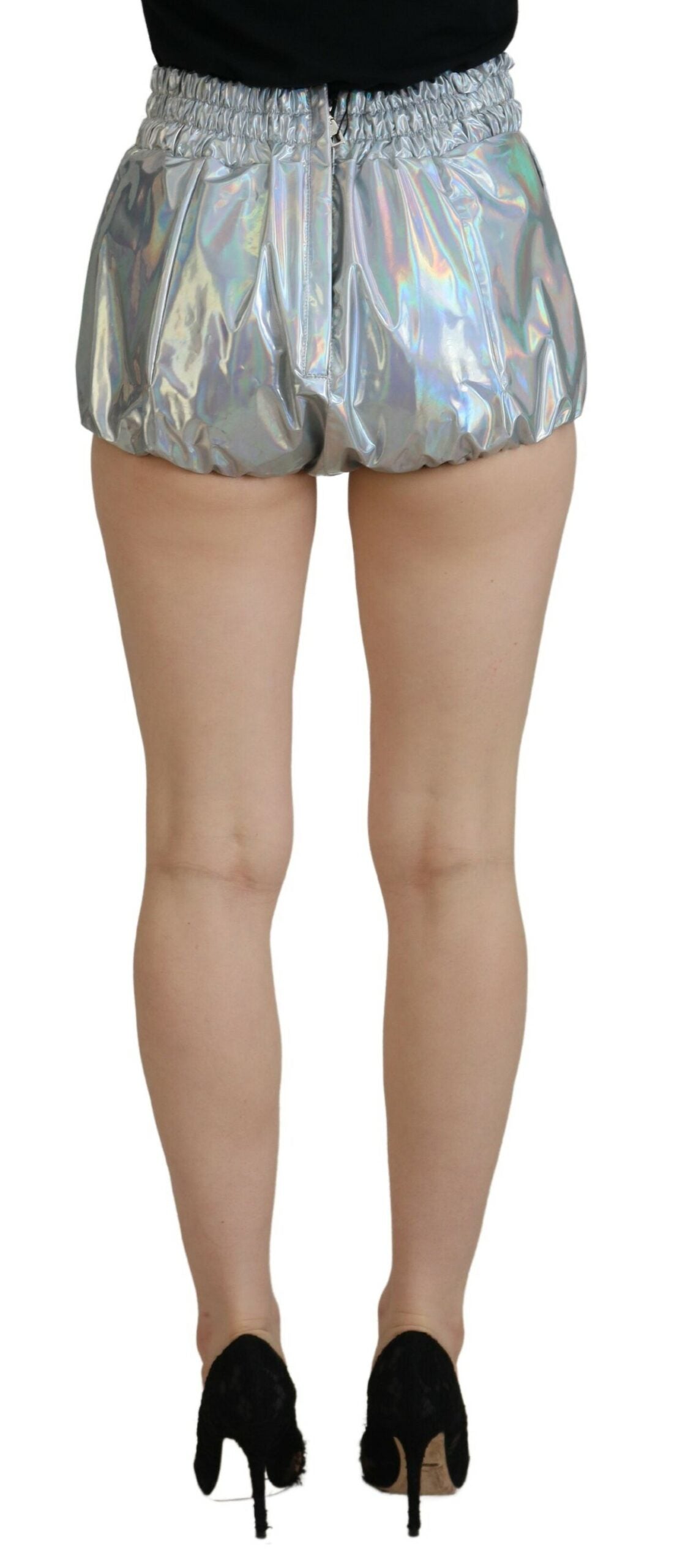 Silver holographic high waist hot pants shorts by Dolce & Gabbana with shiny, reflective fabric and a fitted high-rise design.