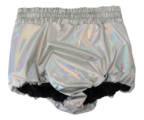 Silver holographic high waist hot pants shorts by Dolce & Gabbana, featuring a shiny, reflective finish and fitted design.