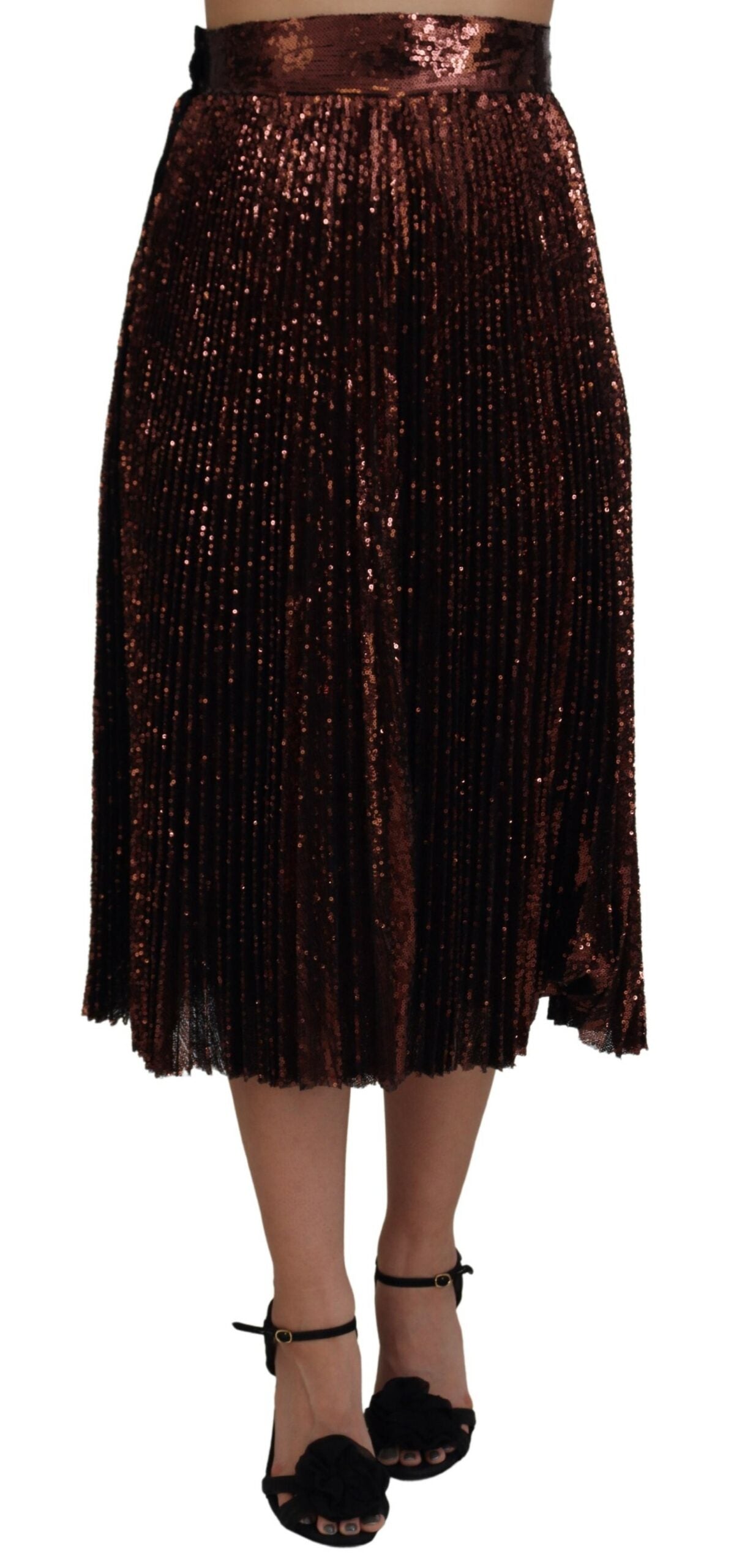 Bronze sequined high waist A-line maxi skirt by Dolce & Gabbana with shimmering embellishments and flowing fabric.