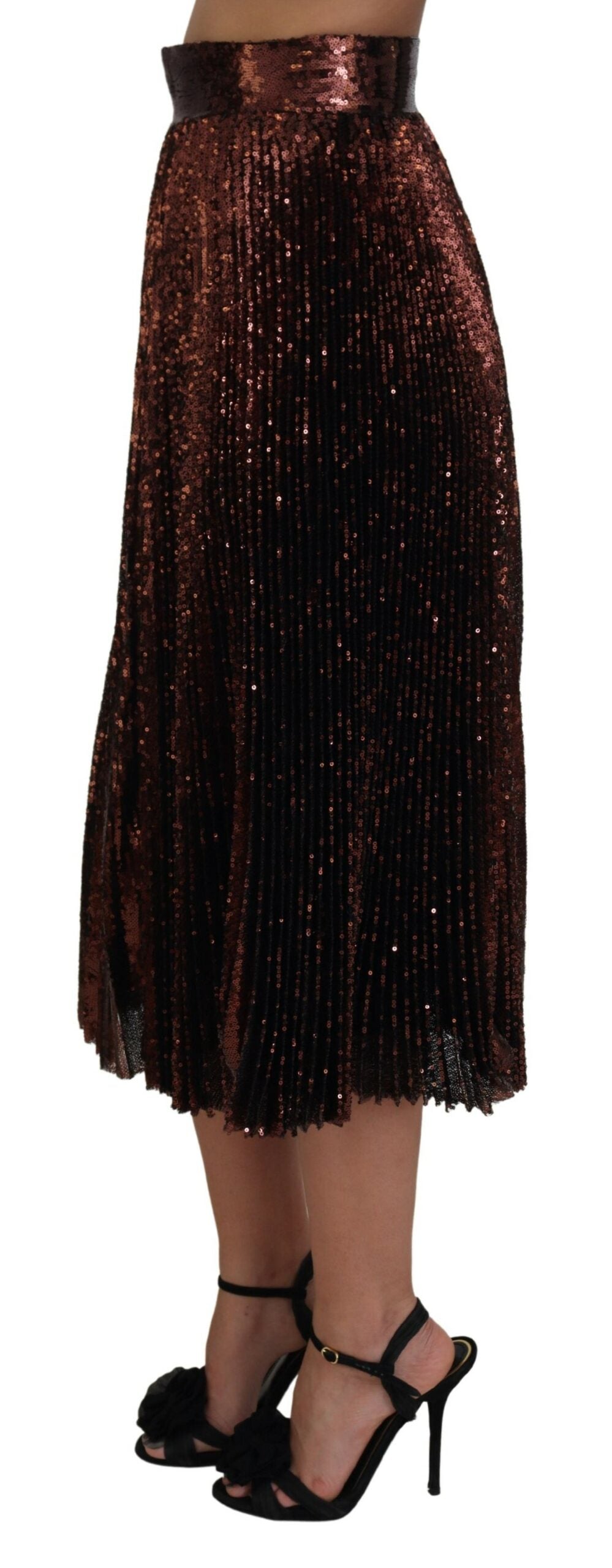 Bronze sequined high waist A-line maxi skirt by Dolce & Gabbana with shimmering embellishments and flowing fabric.