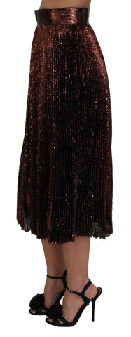 Bronze sequined high waist A-line maxi skirt by Dolce & Gabbana with shimmering embellishments and flowing fabric.