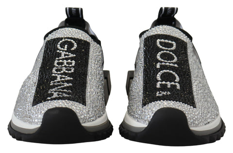 Silver rhinestone Sorrento sneakers by Dolce & Gabbana with sparkling embellishments and white rubber soles.