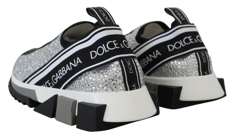 Dolce & Gabbana silver rhinestone Sorrento sneakers with embellished design and white rubber soles.