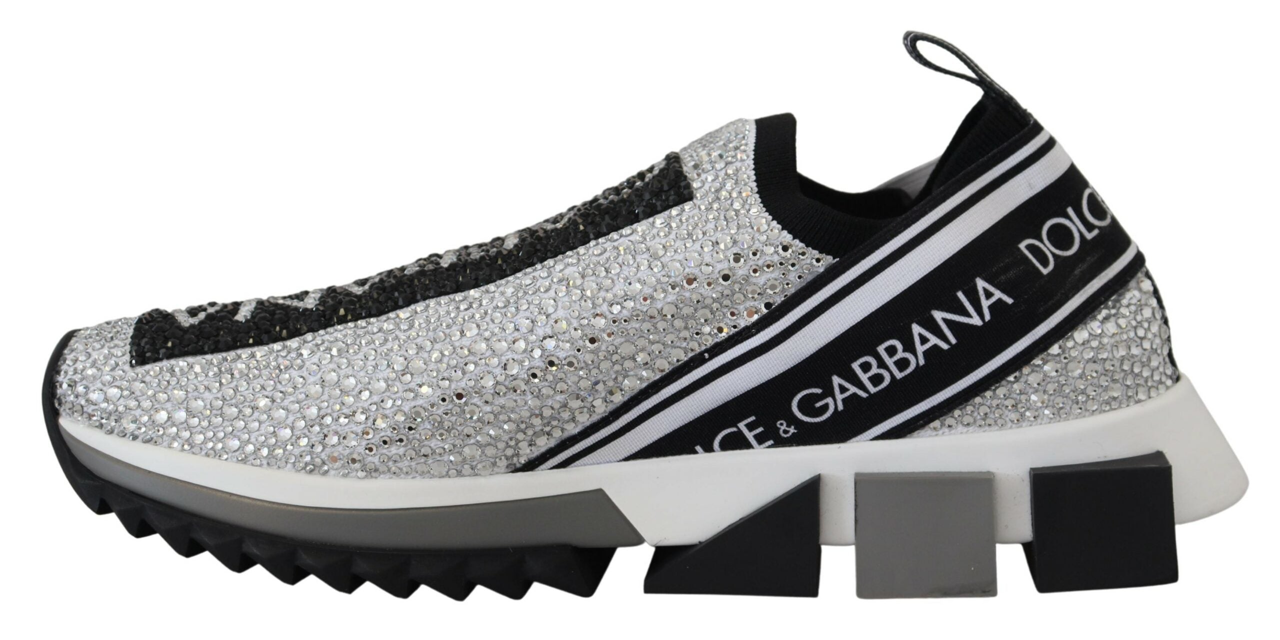 Dolce & Gabbana Silver Rhinestones Sorrento Sneakers with embellished details and white soles for stylish casual wear.