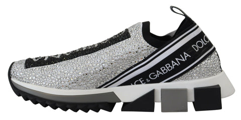 Dolce & Gabbana Silver Rhinestones Sorrento Sneakers with embellished details and white soles for stylish casual wear.