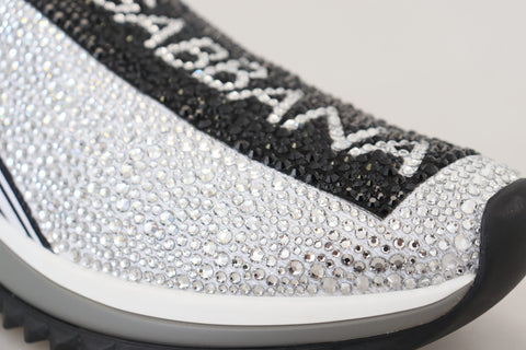 Dolce & Gabbana Silver Rhinestones Sorrento Sneakers with sparkling embellishments and white rubber soles.