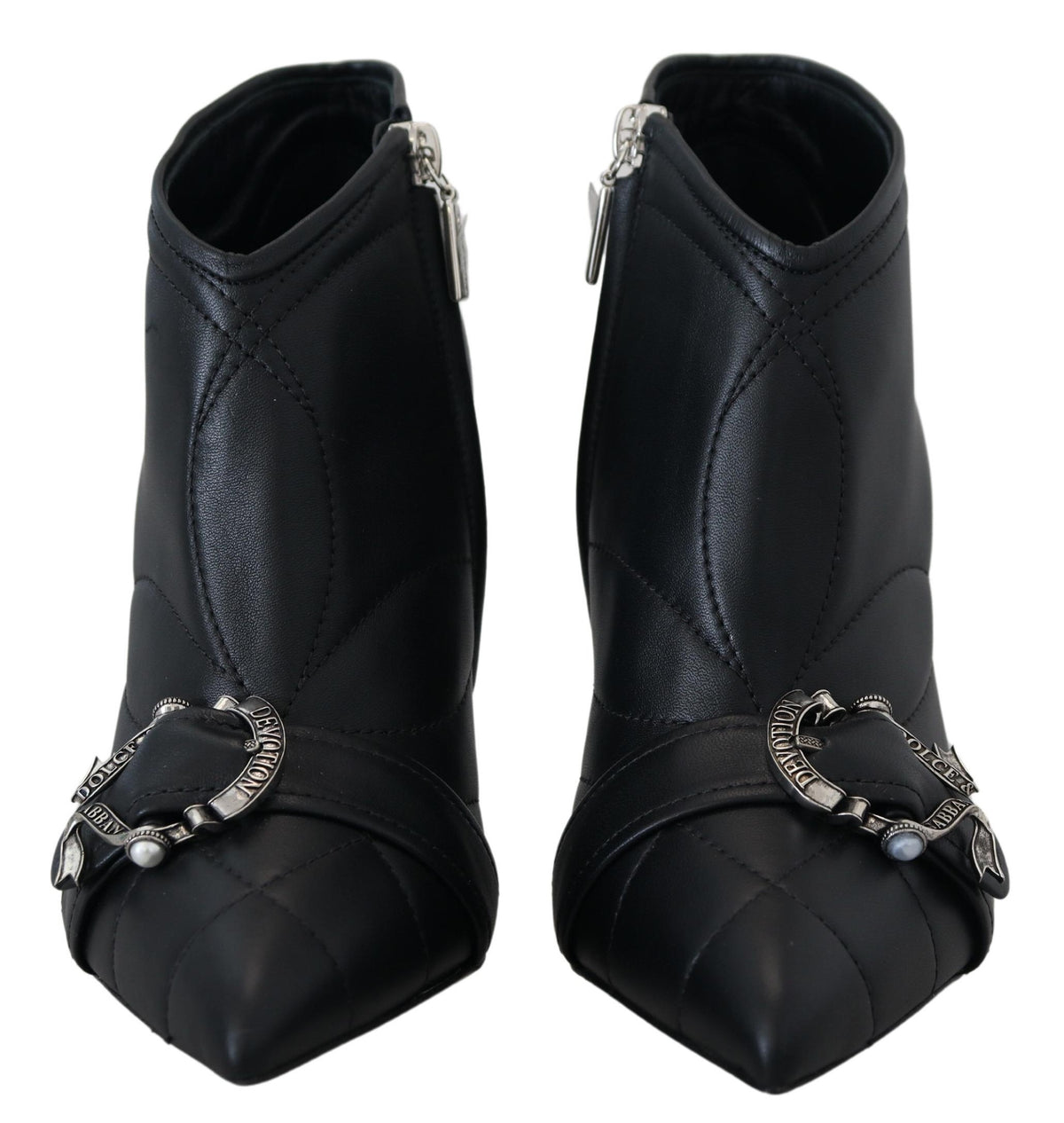 Black Devotion quilted buckle ankle boots by Dolce & Gabbana with pointed toe and chunky heel, featuring side buckle detail.