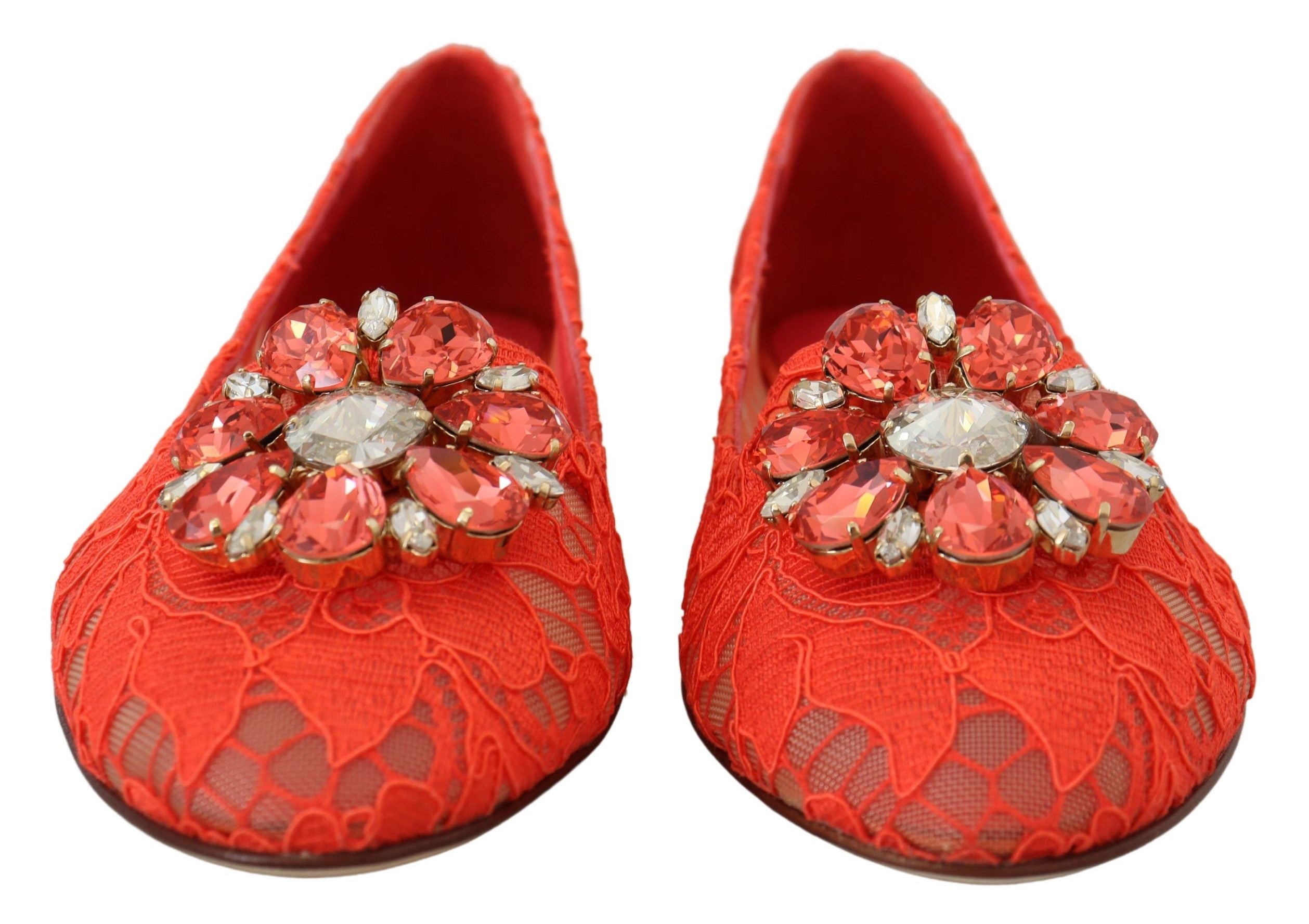 Red Taormina Lace Crystals ballet flats shoes by Dolce & Gabbana with lace and crystal embellishments, elegant and stylish footwear.