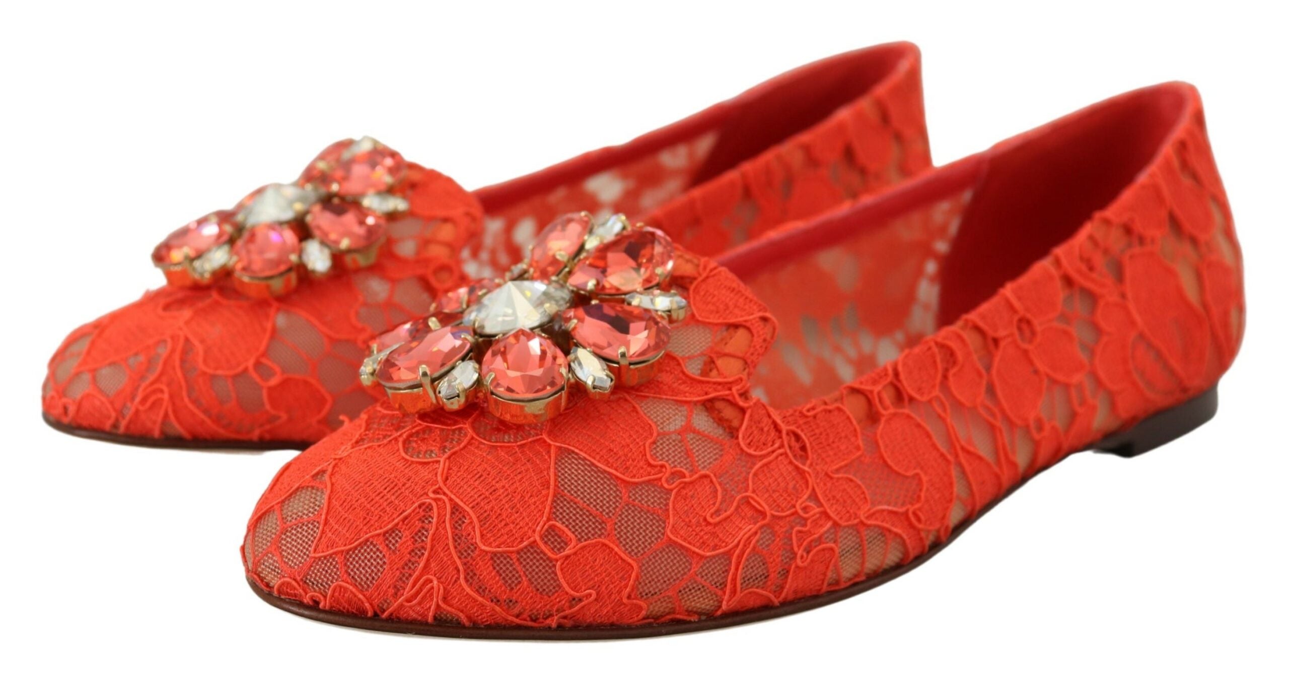 Red Taormina lace ballet flats with crystal embellishments by Dolce & Gabbana, featuring a delicate lace design and elegant style.