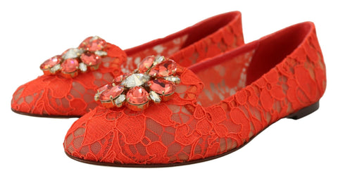 Red Taormina lace ballet flats with crystal embellishments by Dolce & Gabbana, featuring a delicate lace design and elegant style.