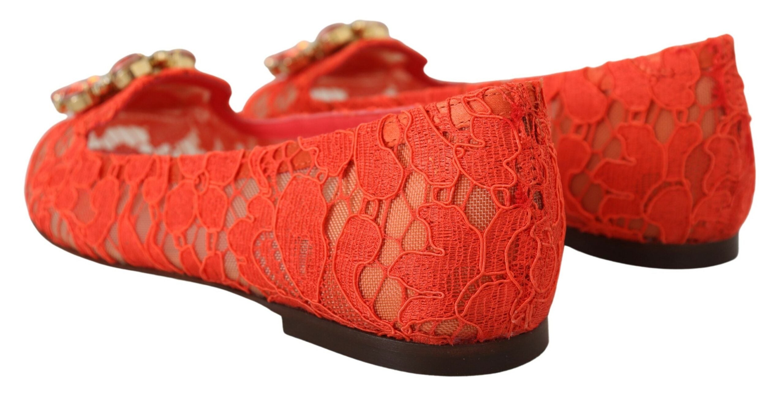 Red Taormina Lace Crystal Ballet Flats by Dolce & Gabbana with intricate lace and sparkling crystal embellishments.