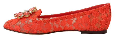 Red Taormina lace ballet flats with crystal embellishments by Dolce & Gabbana, featuring a delicate lace design and comfortable flat sole.