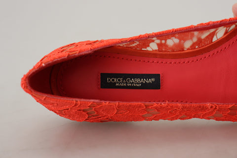 Red Taormina lace ballet flats with crystal embellishments by Dolce & Gabbana, featuring delicate lace and elegant design.