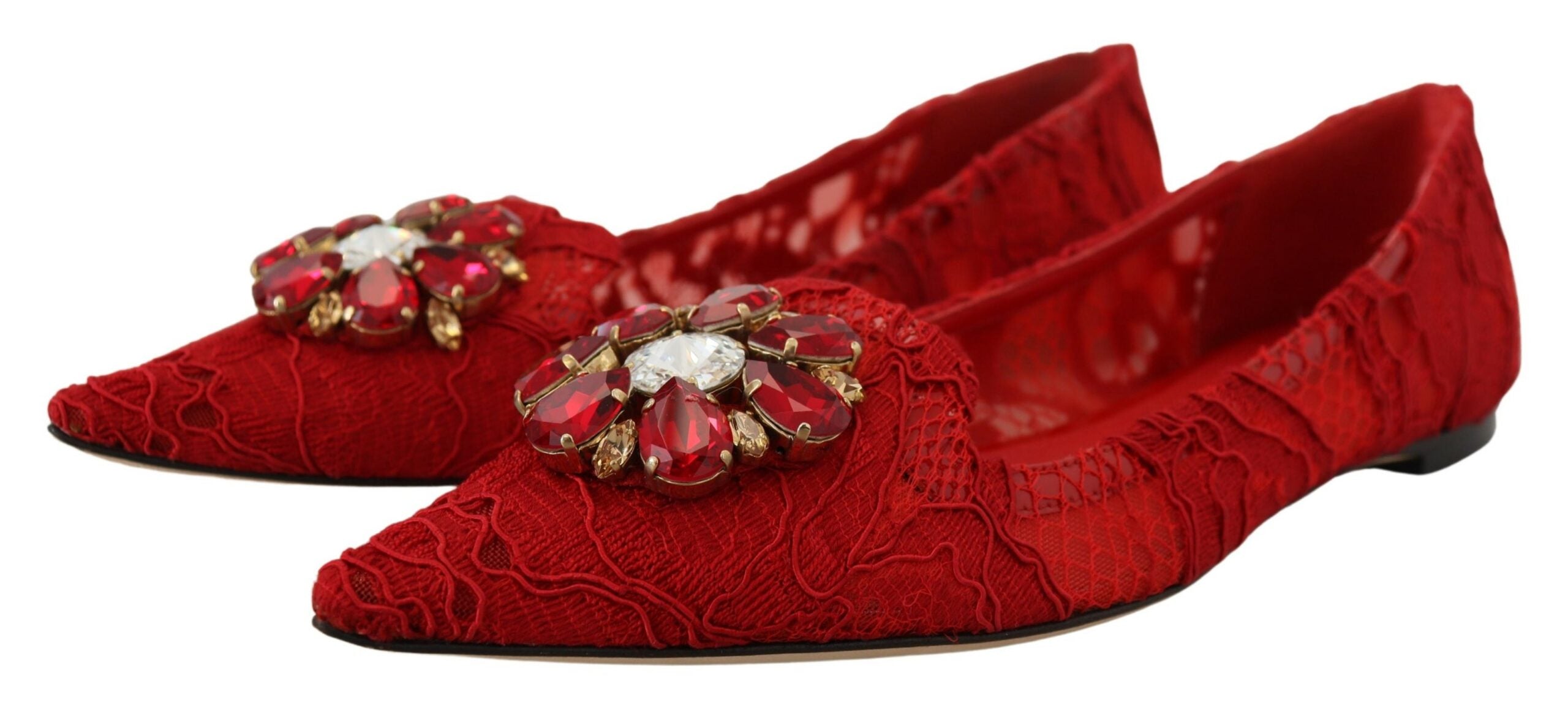 Red Taormina Crystals Dolce & Gabbana loafers with embellished crystal details and classic flat shoe design.