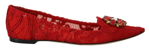 Red Taormina Crystals Dolce & Gabbana loafers with embellished crystal details and sleek flat shoe design.