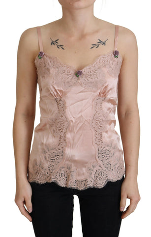 Pink satin lace roses tank top lingerie by Dolce & Gabbana, featuring delicate lace details and a smooth satin finish.