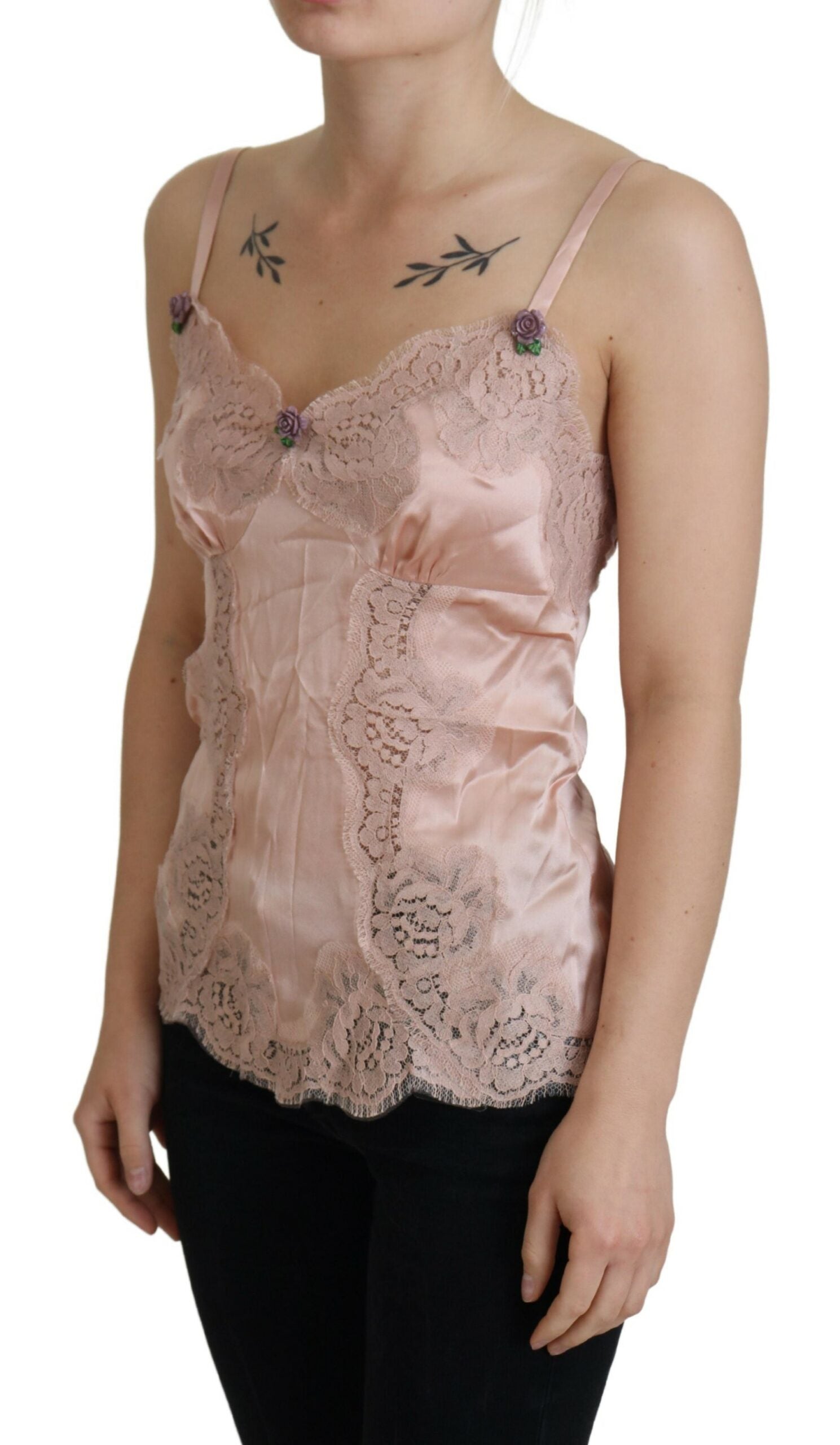 Pink satin lace roses tank top lingerie by Dolce & Gabbana, featuring delicate lace details and a smooth satin finish.