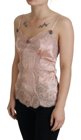 Pink satin lace roses tank top lingerie by Dolce & Gabbana, featuring delicate lace details and a smooth satin finish.