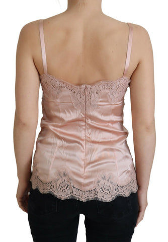 Pink satin lace roses tank top lingerie by Dolce & Gabbana, featuring delicate lace details and a smooth satin finish.